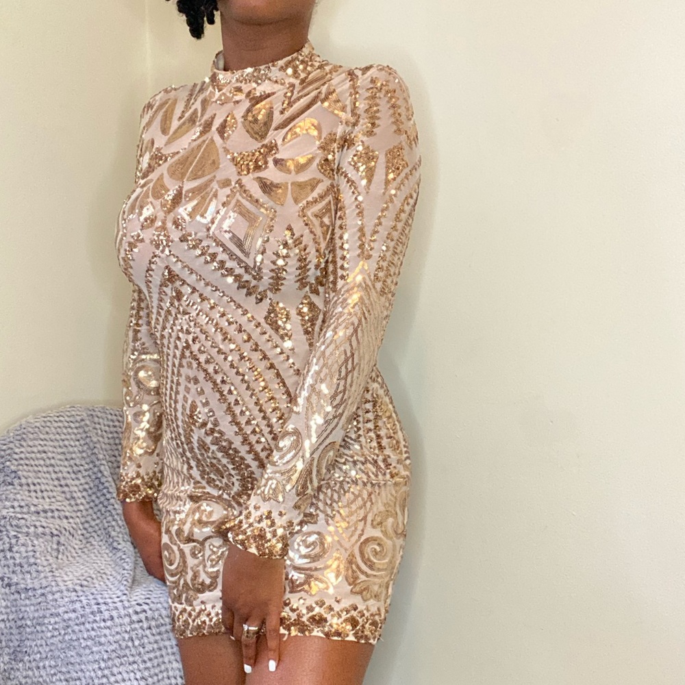 Tan and gold shiny dress